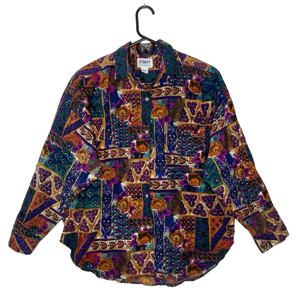 Vintage At Last Womens M Blouse‎ 80s Folk Print Eclectic Colorful AOP Bohemian